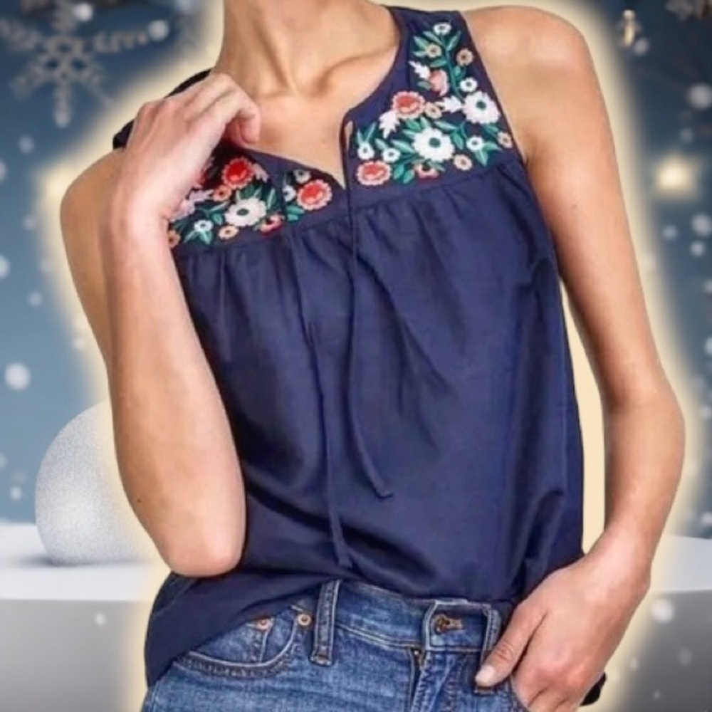 NWT J. Crew Factory Navy Blue ‘Embroidered Tie-Neck Top in Linen-Cotton’ Sz XS